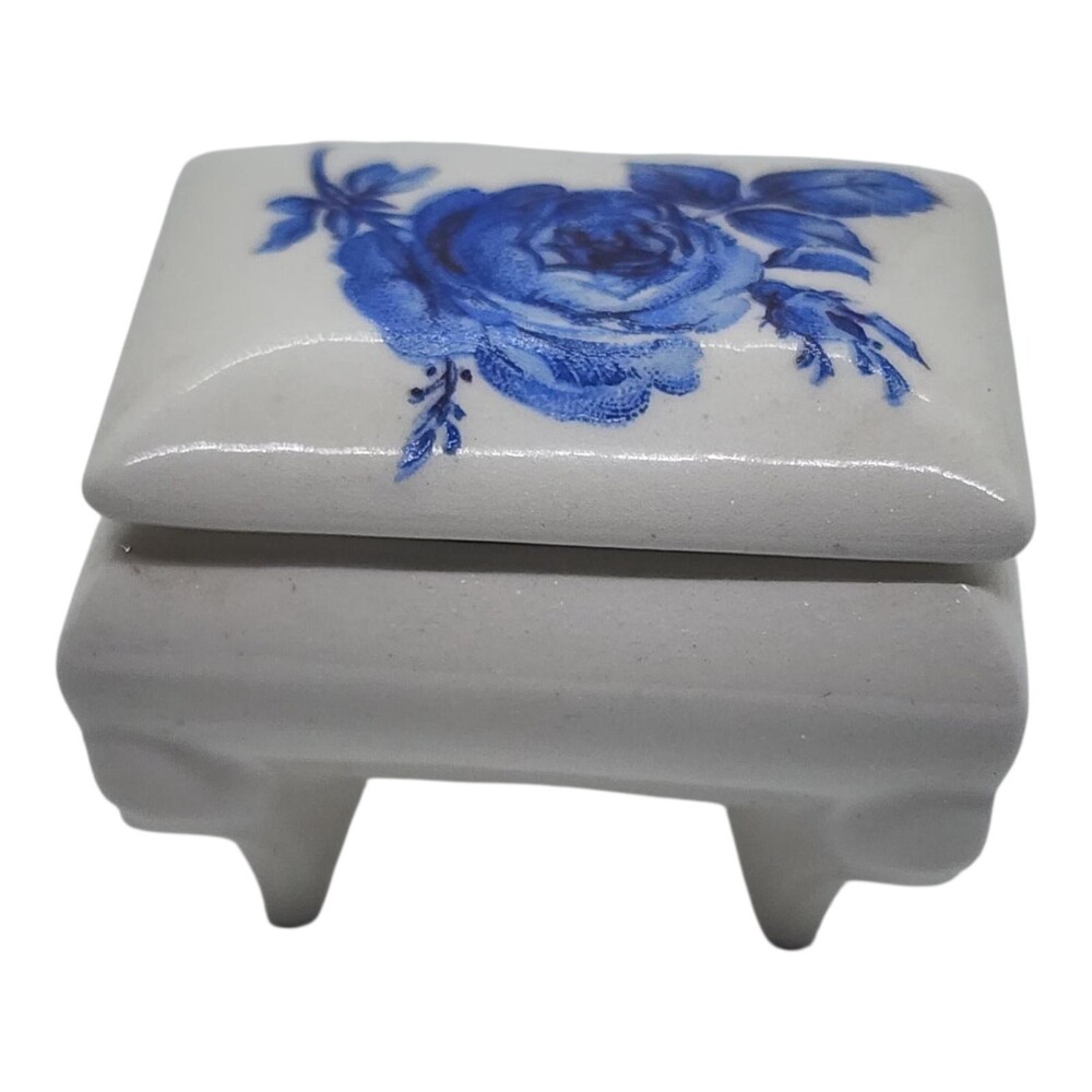 Vintage W. German Mini Porcelain Trinket Ring Box Blue Rose Floral Footed Tiny